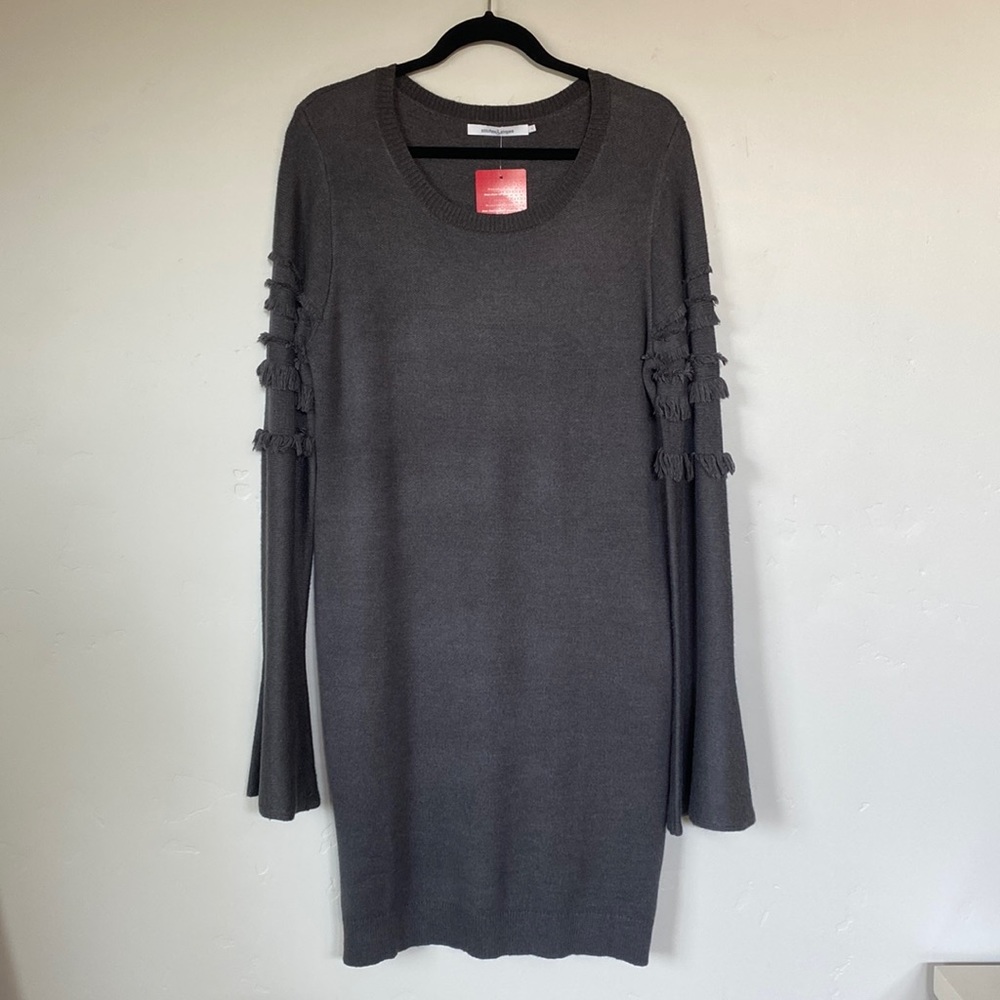 Stitches & Stripes Evereve | Grey Bell Sleeve Fringe Detail Sweater Dress